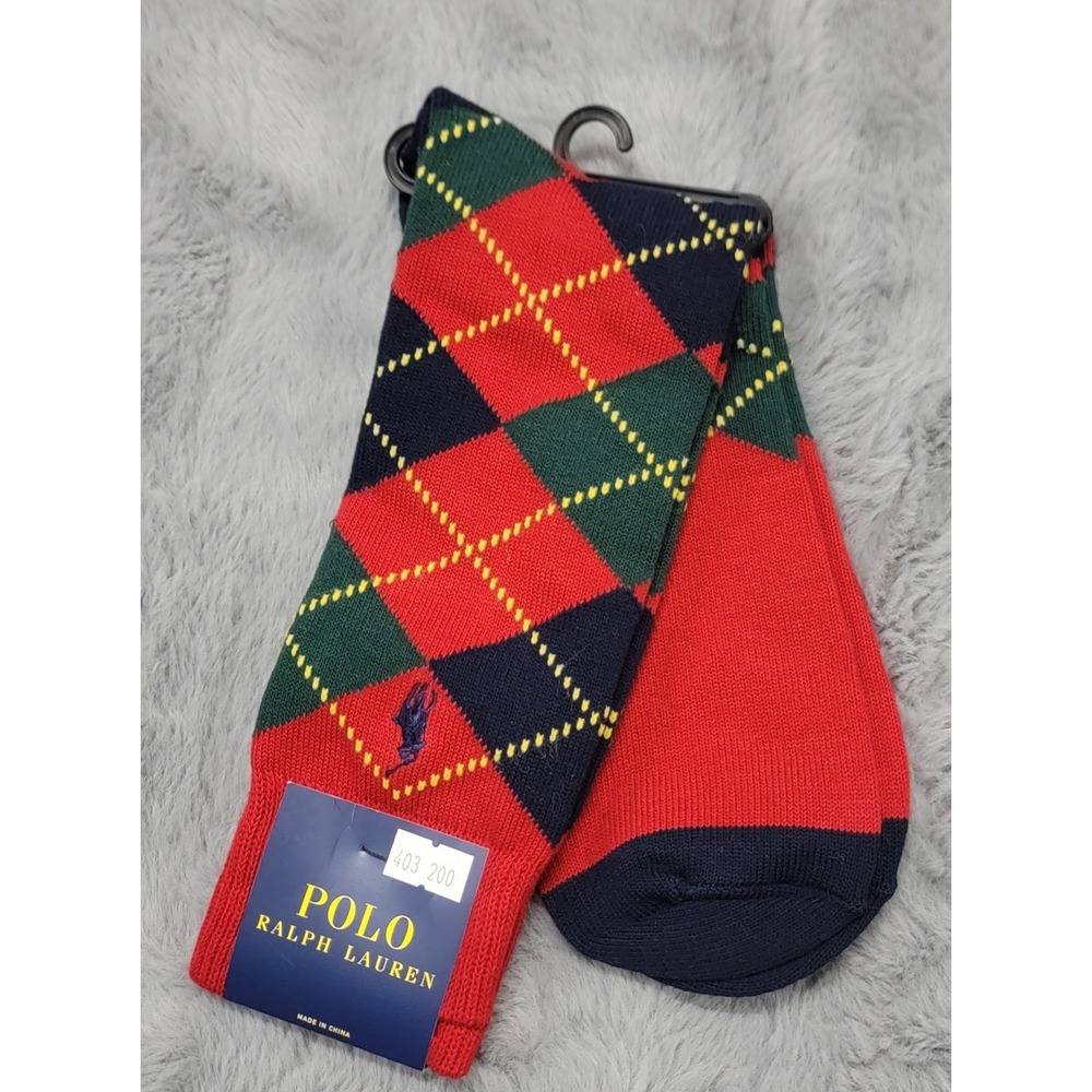 Polo Ralph Lauren Socks Mens 10-13 Red Blue Green Argyle Cotton Crew Pony